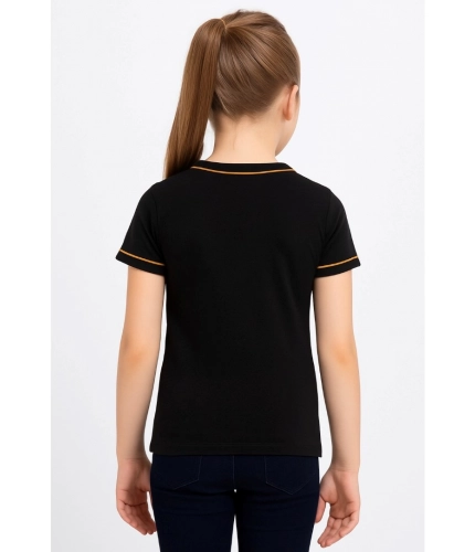 Girl's Cotton Printeded Round Neck T-Shirt (Black)