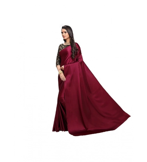 Women's Satin Solid Saree With Unstitched Blouse 5.5Mtr (Maroon)