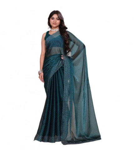 Women's Jimmy choo Embellished Bollywood Saree With Unstitched Blouse 5.5Mtr (Green)