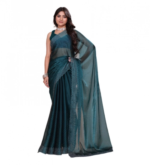 Women's Jimmy choo Embellished Bollywood Saree With Unstitched Blouse 5.5Mtr (Green)