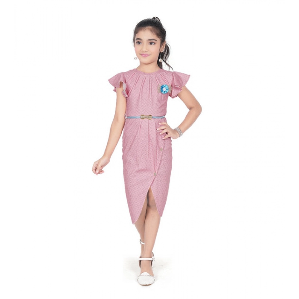Girl's Knitted Striped Short Sleeve Close Neck Dress (Pink)