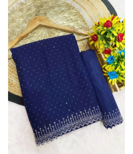 Women's Georgette Stone Work Saree With Unstitched Blouse 5.5Mtr (Blue)