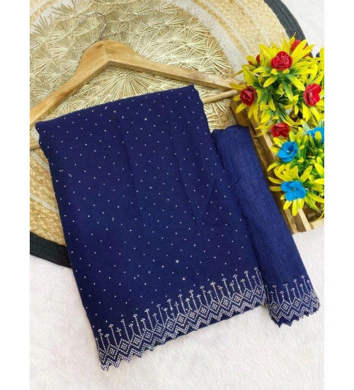 Women's Georgette Stone Work Saree With Unstitched Blouse 5.5Mtr (Blue)