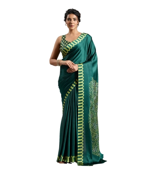 Women's Satin Crepe Printed Saree With Unstitched Blouse 5.5Mtr (Green)
