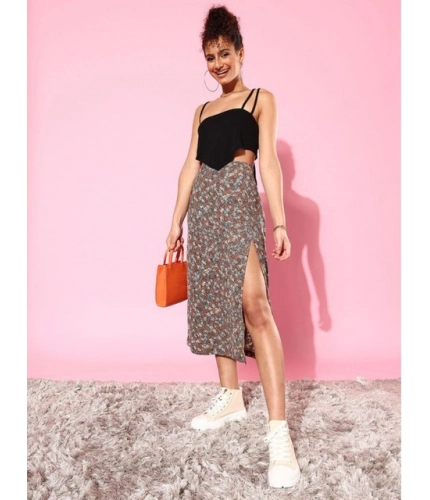 Women's Polyester Floral Side Zip Skirt (Grey - Coral)