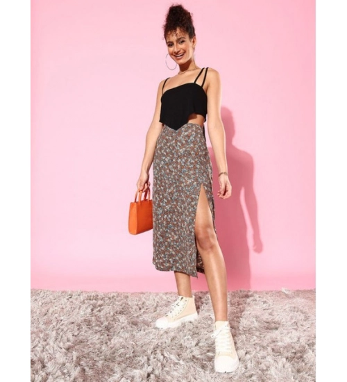 Women's Polyester Floral Side Zip Skirt (Grey - Coral)
