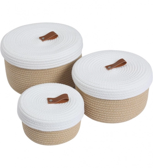 Cotton 3 Pcs Set Roti Box Storage Basket With Lid (Beige)