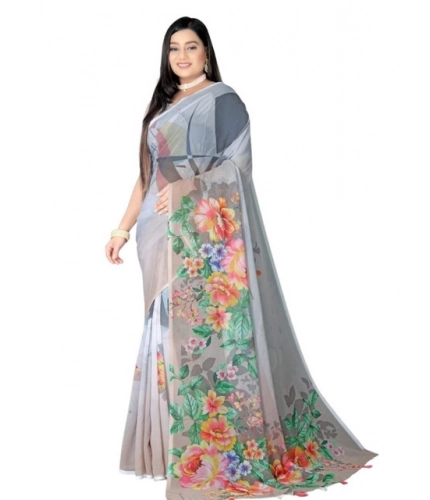 Women's Georgette Floral Printed Saree With Unstitched Blouse 5.5Mtr (Grey)