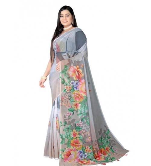 Women's Georgette Floral Printed Saree With Unstitched Blouse 5.5Mtr (Grey)