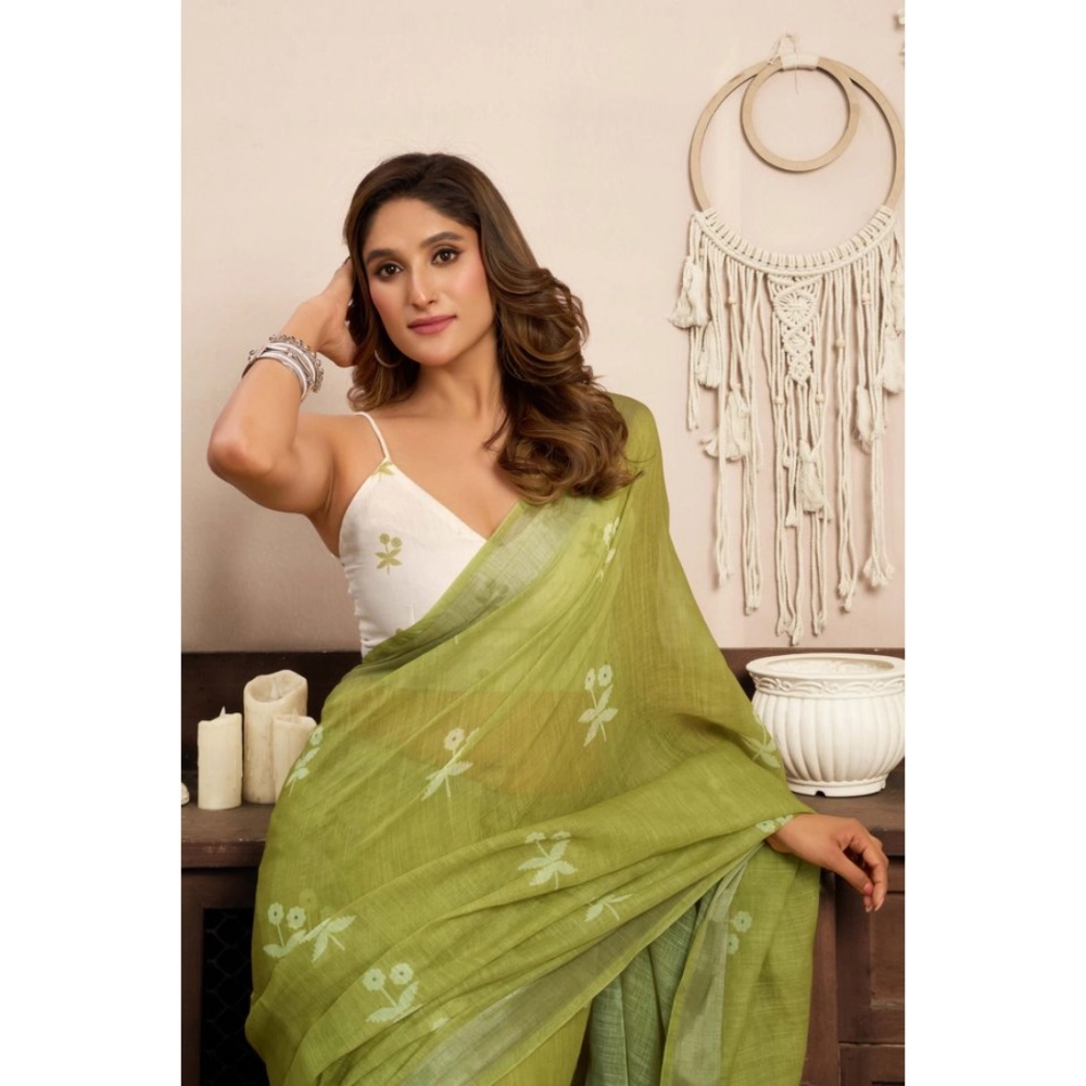 Women's Linen Cotton Printed Ready To Wear Saree With Unstitched Blouse 5.5 Mtr (Light_Green)