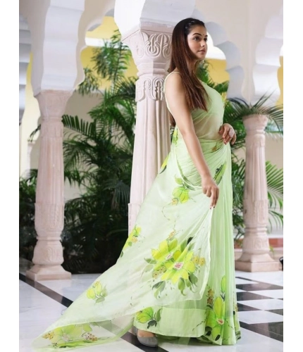 Women's Linen Printed Saree With Unstitched Blouse 5.5Mtr (Green)