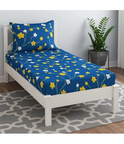 Microfiber Floral Printed Single Bedsheet with 1 Pillow Cover (Blue)