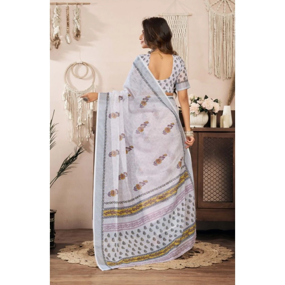 Women's Faux Linen Floral Print Ready to wear Saree With Unstitched Blouse 5.5Mtr (Off_White)