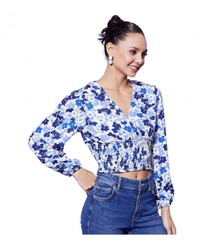 Women's Polyester Floral Long Sleeves Top (Blue)