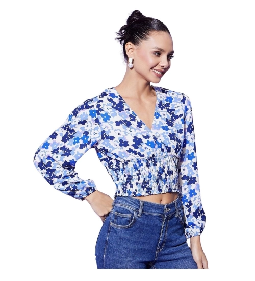 Women's Polyester Floral Long Sleeves Top (Blue)