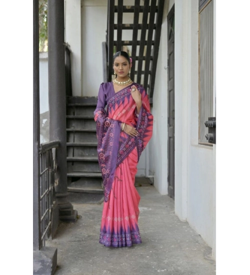 Women's Faux_Tussar Ikat Saree With Unstitched Blouse 5.5Mtr (Peach)