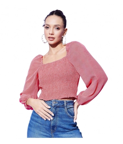 Women's Polyester Floral Long Sleeves Top (Red)