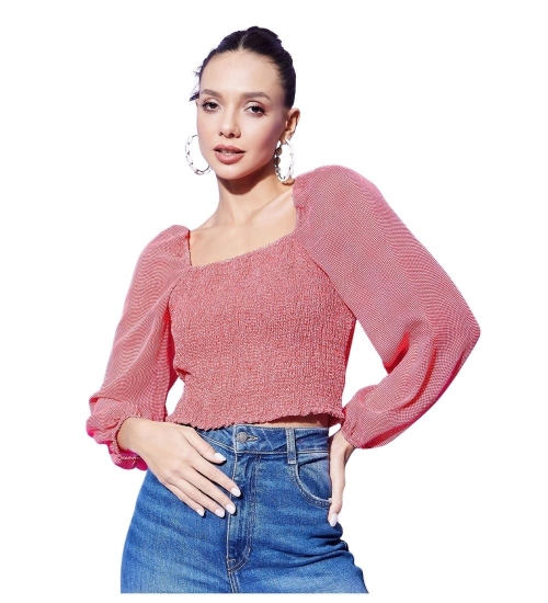 Women's Polyester Floral Long Sleeves Top (Red)