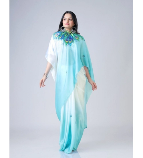 Women's Soft Crepe Silk Printed Ready To Wear Saree With Unstitched Blouse 5.5Mtr (Sky Blue)