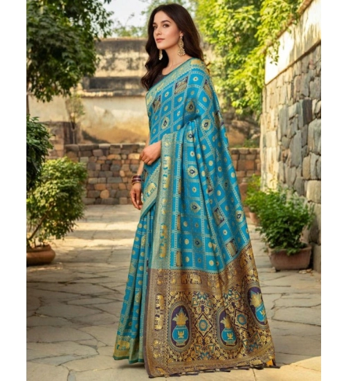 Women's Silk Blend Woven Zari Work Saree With Unstitched Blouse 5.5Mtr (Rama)