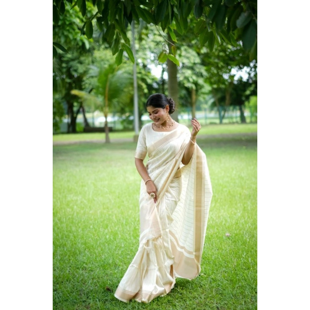 Women's Faux_Banarasi Lining Pattern Saree With Unstitched Blouse 5.5Mtr (Off_White) Women's Faux_Banarasi Lining Pattern Saree With Unstitched Blouse 5.5Mtr (Off_White)