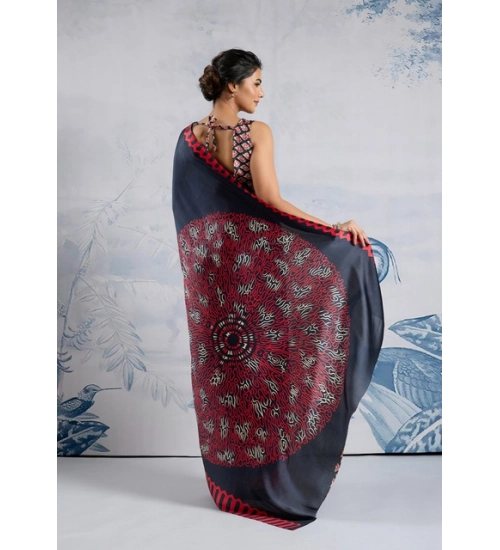 Women's Satin Crepe Printed Saree With Unstitched Blouse 5.5Mtr (Navy Blue)