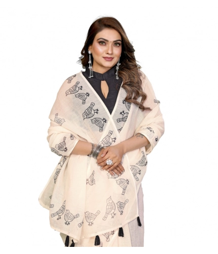 Women's Linen Cotton Printed Saree With Unstitched Blouse 5.5Mtr (Off White)