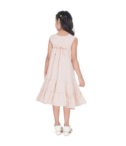 Girl's Slub Printed Sleeve Less Round Neck Dress (Brown)