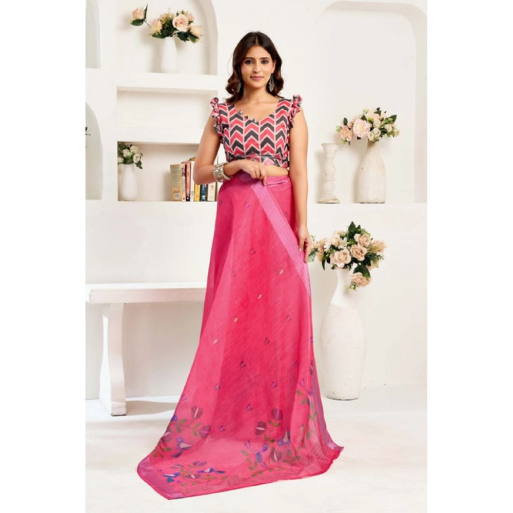 Women's Linen Cotton Printed Ready To Wear Saree With Unstitched Blouse 5.5 Mtr (Pink)