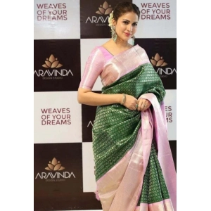 Generic Women's Litchi silk Printed Saree With Unstitched Blouse (Green)