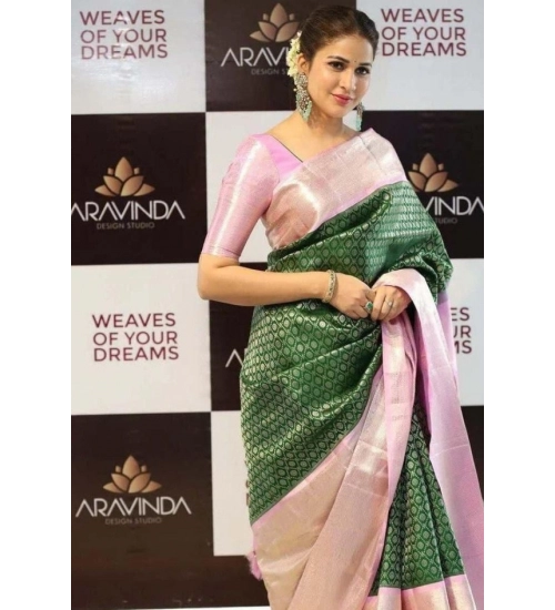 Women's Litchi silk Printed Saree With Unstitched Blouse (Green)
