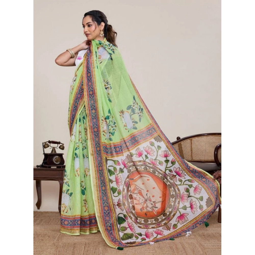 Women's Linen Floral Printed Saree With Unstitched Blouse 5.5Mtr (Light Green) Women's Linen Floral Printed Saree With Unstitched Blouse 5.5Mtr (Light Green)