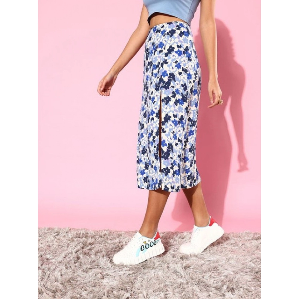 Women's Polyester Floral Side Zip Skirt (Blue - White)