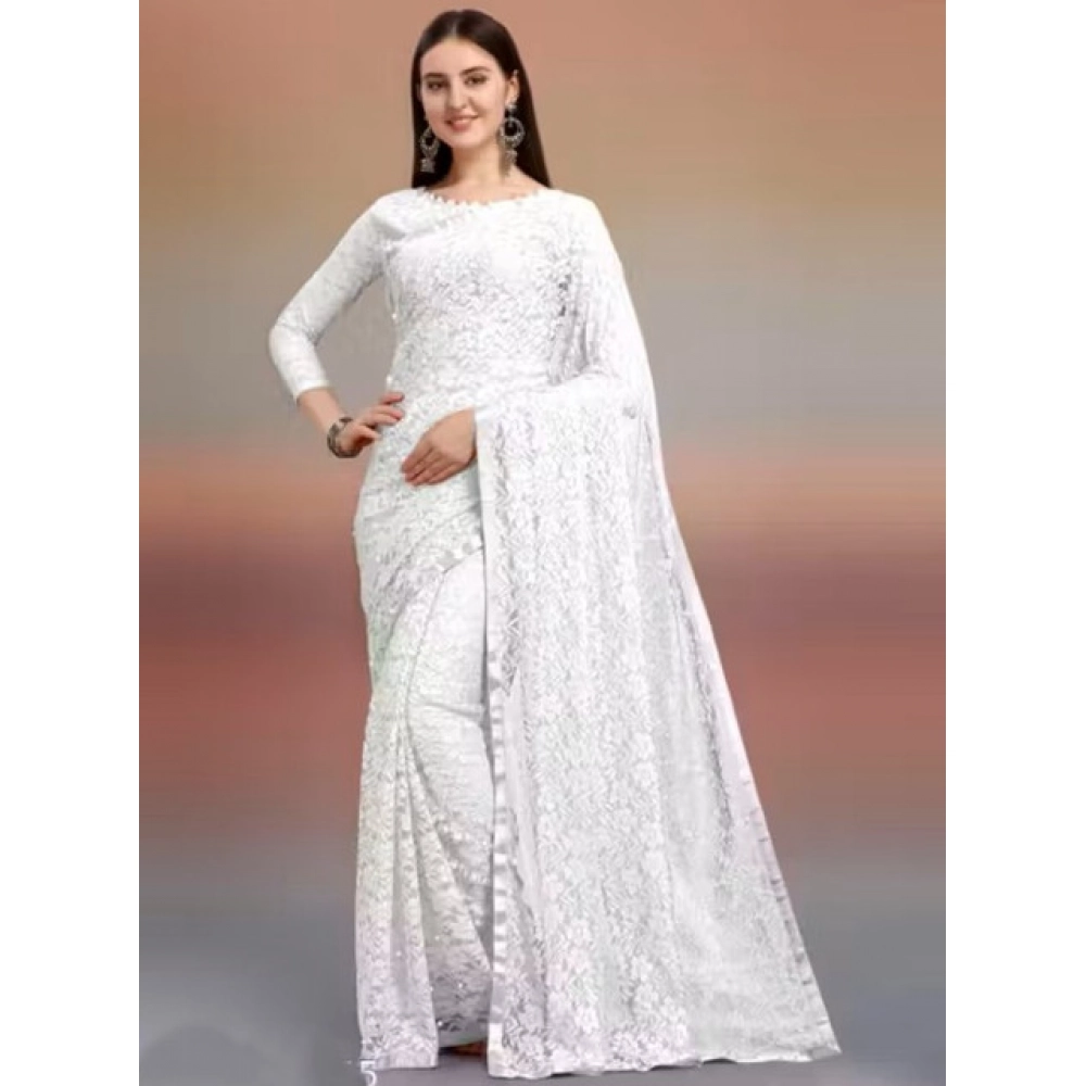 Women's Net Self Design Saree With Unstitched Blouse 5.5Mtr (White) Women's Net Self Design Saree With Unstitched Blouse 5.5Mtr (White)