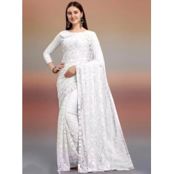 Women's Net Self Design Saree With Unstitched Blouse 5.5Mtr (White)