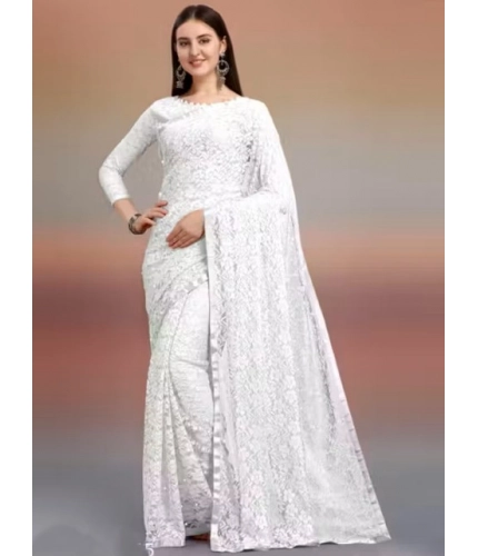 Women's Net Self Design Saree With Unstitched Blouse 5.5Mtr (White)