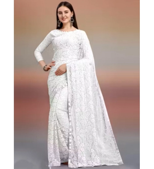 Women's Net Self Design Saree With Unstitched Blouse 5.5Mtr (White)