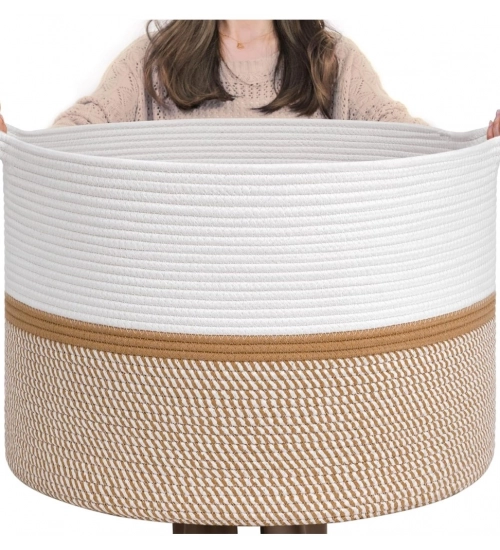 Cotton Dori 16x14 Inch Storage Basket For Clothes (White-Beige White)