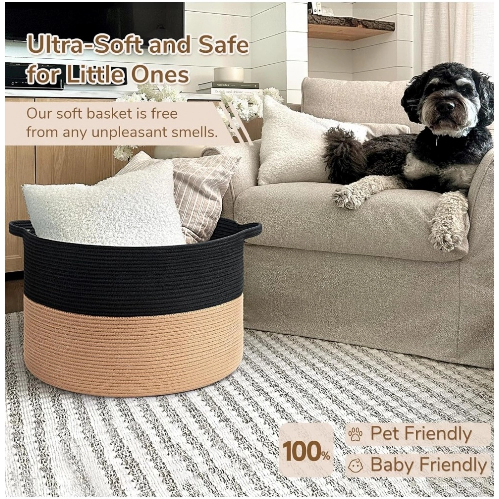 Cotton 16x14 Inch Pack of 1 Storage Basket For Clothes (Black-Beige)