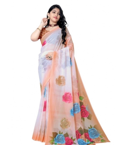 Women's Georgette Floral Printed Saree With Unstitched Blouse 5.5Mtr (Orange)