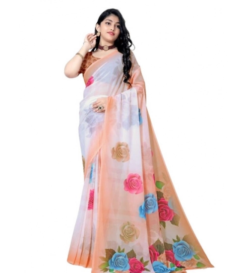 Women's Georgette Floral Printed Saree With Unstitched Blouse 5.5Mtr (Orange)