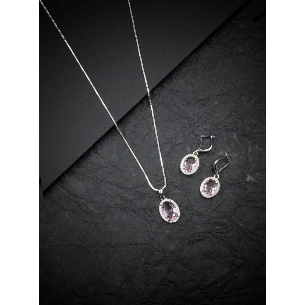 Women's Brass Silver Plated Pendant Set (Pink)