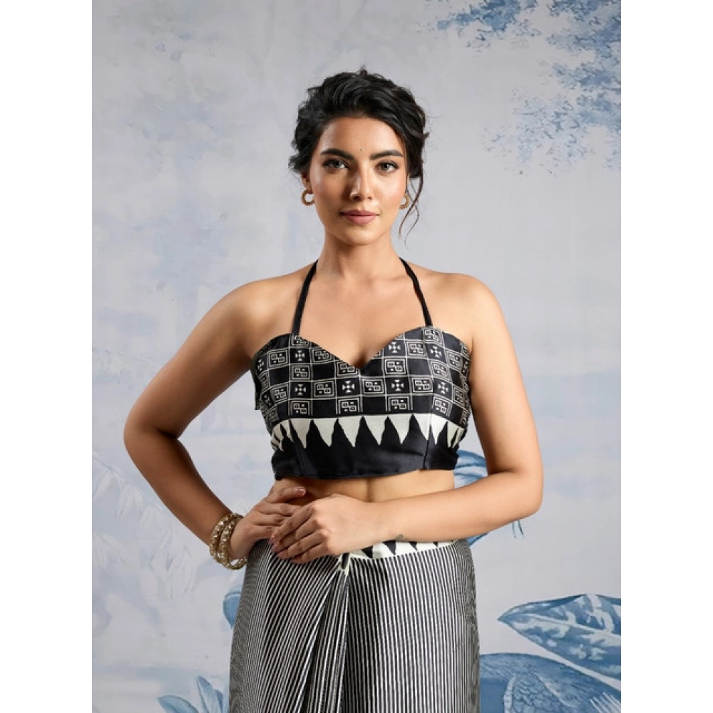 Women's Satin Crepe Printed Saree With Unstitched Blouse 5.5Mtr (Black)
