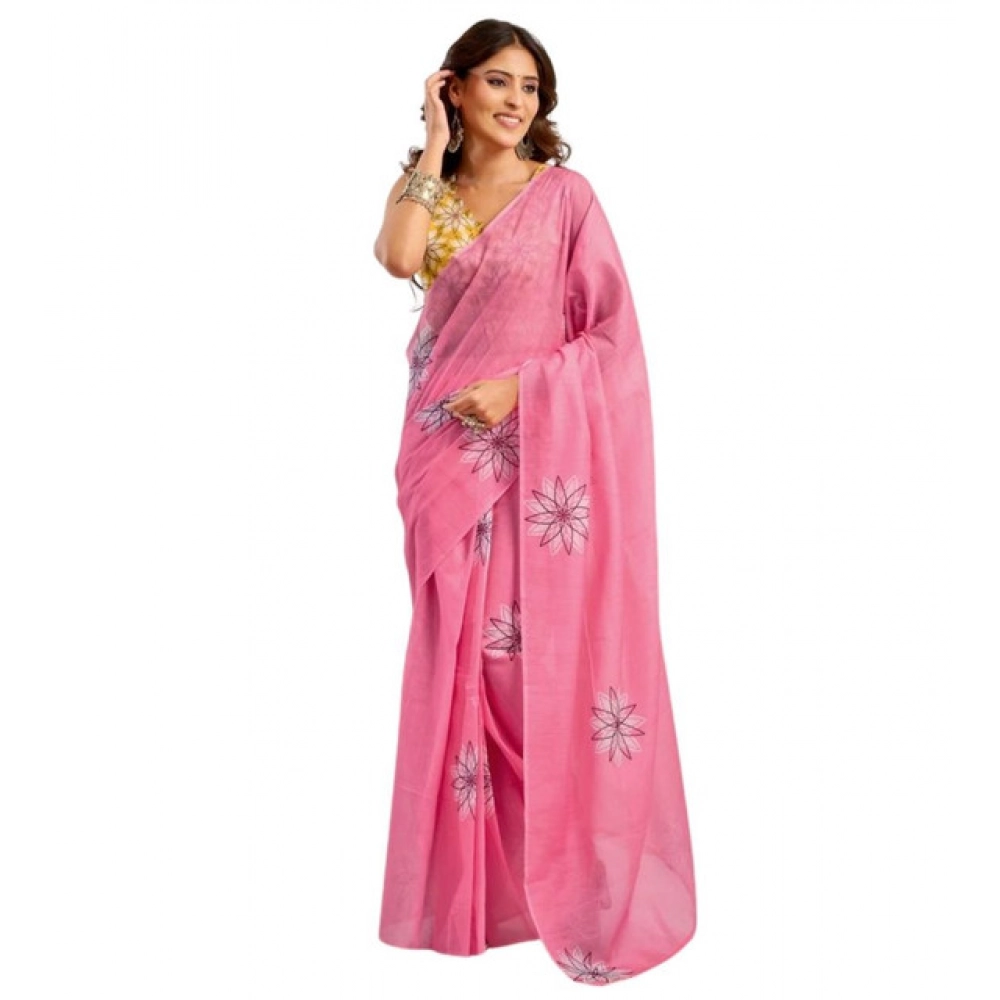 Women's Faux Linen Floral Print Ready to wear Saree With Unstitched Blouse 5.5Mtr (Pink) Women's Faux Linen Floral Print Ready to wear Saree With Unstitched Blouse 5.5Mtr (Pink)