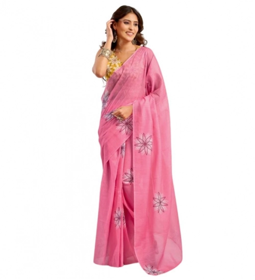 Women's Faux Linen Floral Print Ready to wear Saree With Unstitched Blouse 5.5Mtr (Pink)