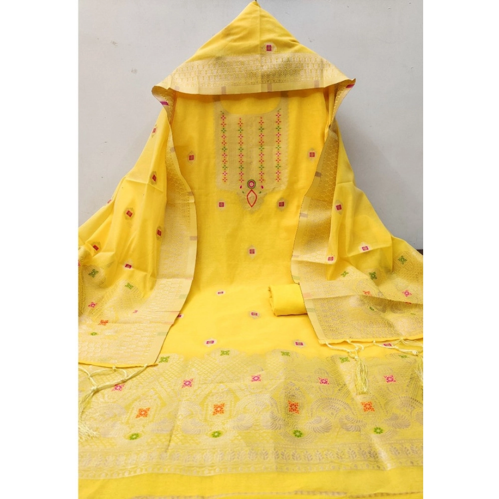 Women's Banarasi Silk Printed Unstitched Salwar Suit Material With Dupatta (Yellow, 3Mtrs)
