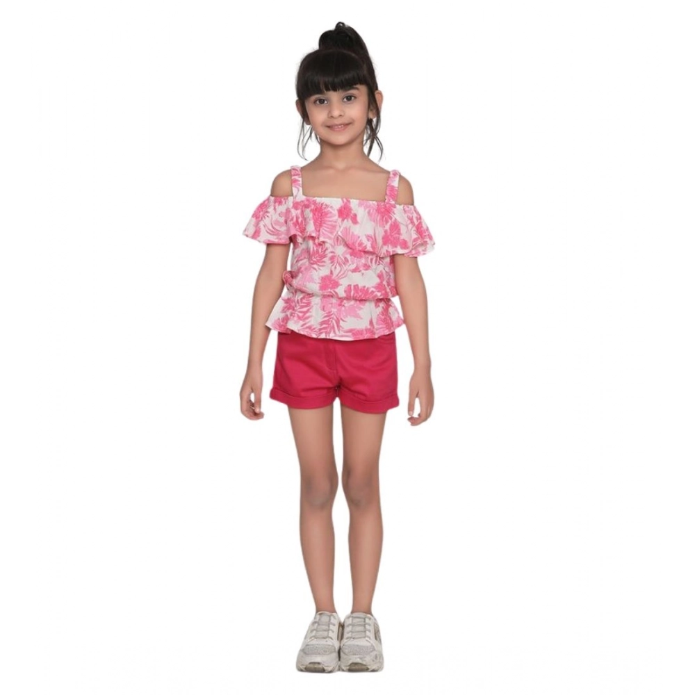Girl's Cotton Floral Cold Shoulder Top and Shorts Set (Pink-Red)