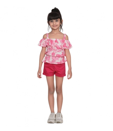 Girl's Cotton Floral Cold Shoulder Top and Shorts Set (Pink-Red)