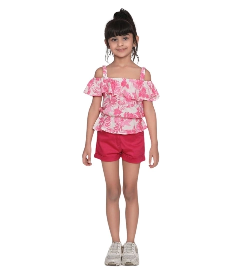 Girl's Cotton Floral Cold Shoulder Top and Shorts Set (Pink-Red) Girl's Cotton Floral Cold Shoulder Top and Shorts Set (Pink-Red)