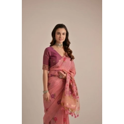 Women's Blended_Cotton Floral Motifs And Woven Buttas Saree With Unstitched Blouse 5.5Mtr (Pink)